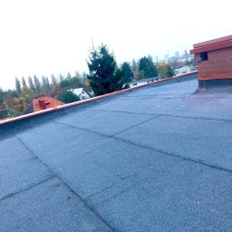 Artur Novikau - Dach pokryty papą z kominem z cegły na tle zieleni miejskiej i pochmurnego nieba. Widoczne łączenia papy. Dach płaski z obróbką blacharską.