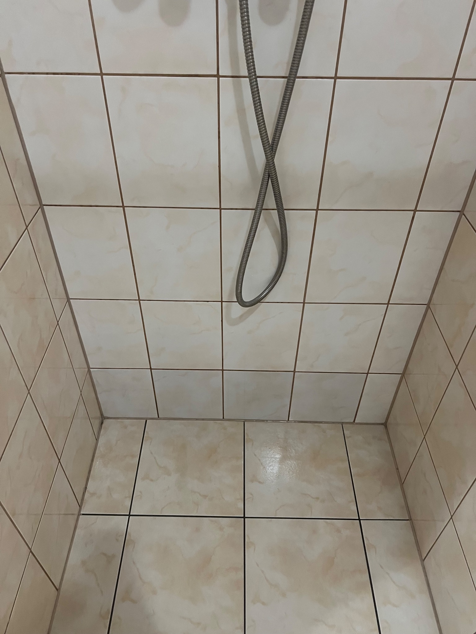 Kabiną prysznicowa wyłożona beżowymi, kwadratowymi płytkami z delikatnym marmurkowym wzorem, widoczny wąż prysznicowy zwisający z góry.