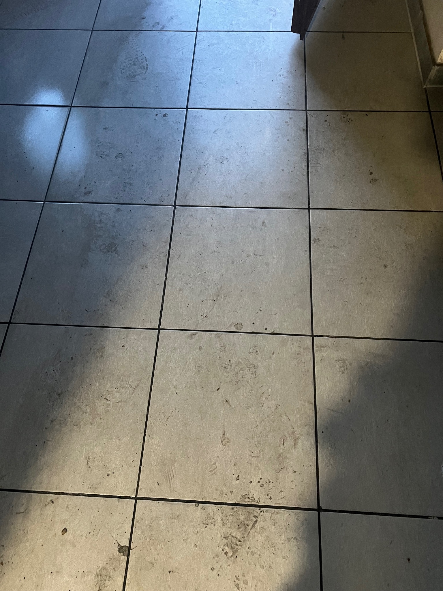 Brudna, szara podłoga wyłożona kwadratowymi płytkami, z widocznymi śladami stóp i plamami.
