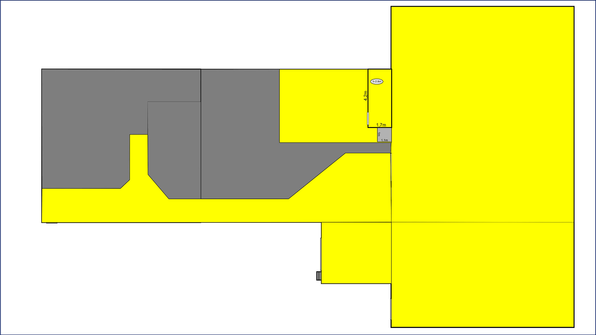 Schemat mieszkania z zaznaczonymi wymiarami i podziałem na strefy w kolorach szarym i żółtym, widok z góry.