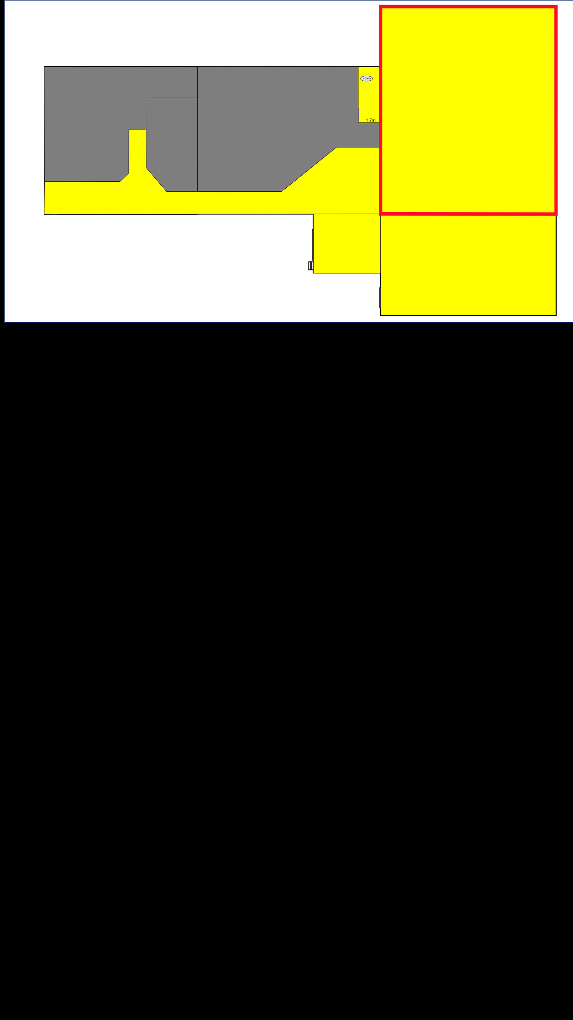 Dwuwymiarowy plan mieszkania z zaznaczoną powierzchnią do wynajęcia, oznaczony kolorem żółtym.