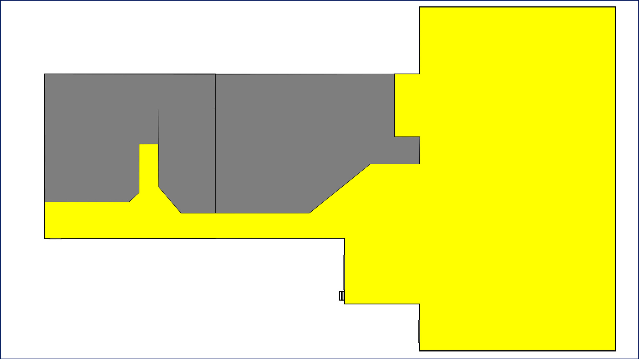 Abstrakcyjny plan mieszkania z zaznaczonymi strefami: szare - pomieszczenia, żółte - przestrzenie do adaptacji lub wykończenia.