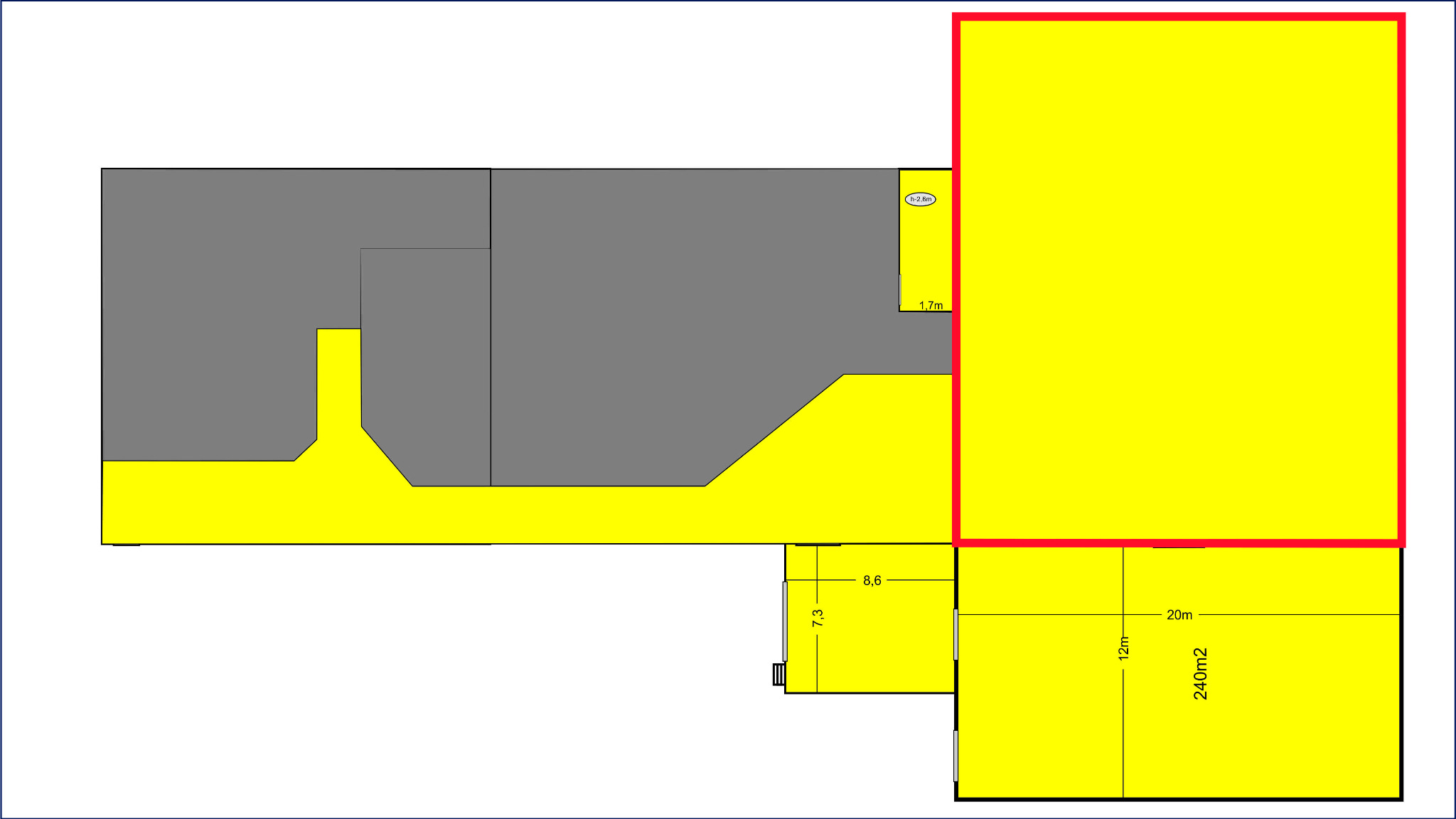 Plan mieszkania z zaznaczoną powierzchnią 240m2, wymiarami 12m x 20m, oraz innymi wymiarami pomieszczeń i wysokością 2.8m, oznaczony kolorem żółtym i czerwonym obrysem.