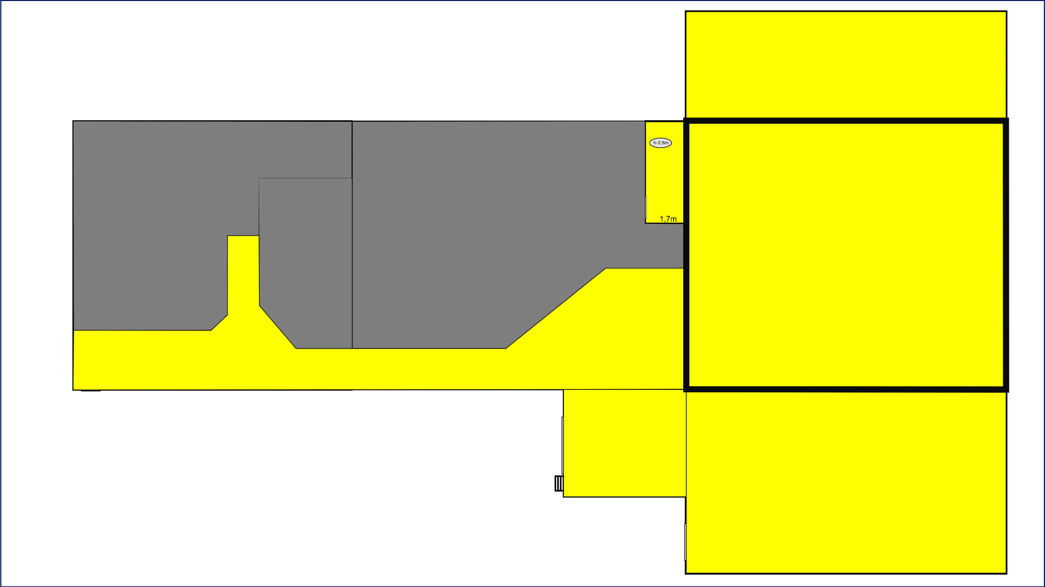 Schemat mieszkania w Dąbrówce-Sowice z zaznaczonymi wymiarami i podziałem na pomieszczenia, gdzie część pomieszczeń zaznaczono kolorem żółtym.