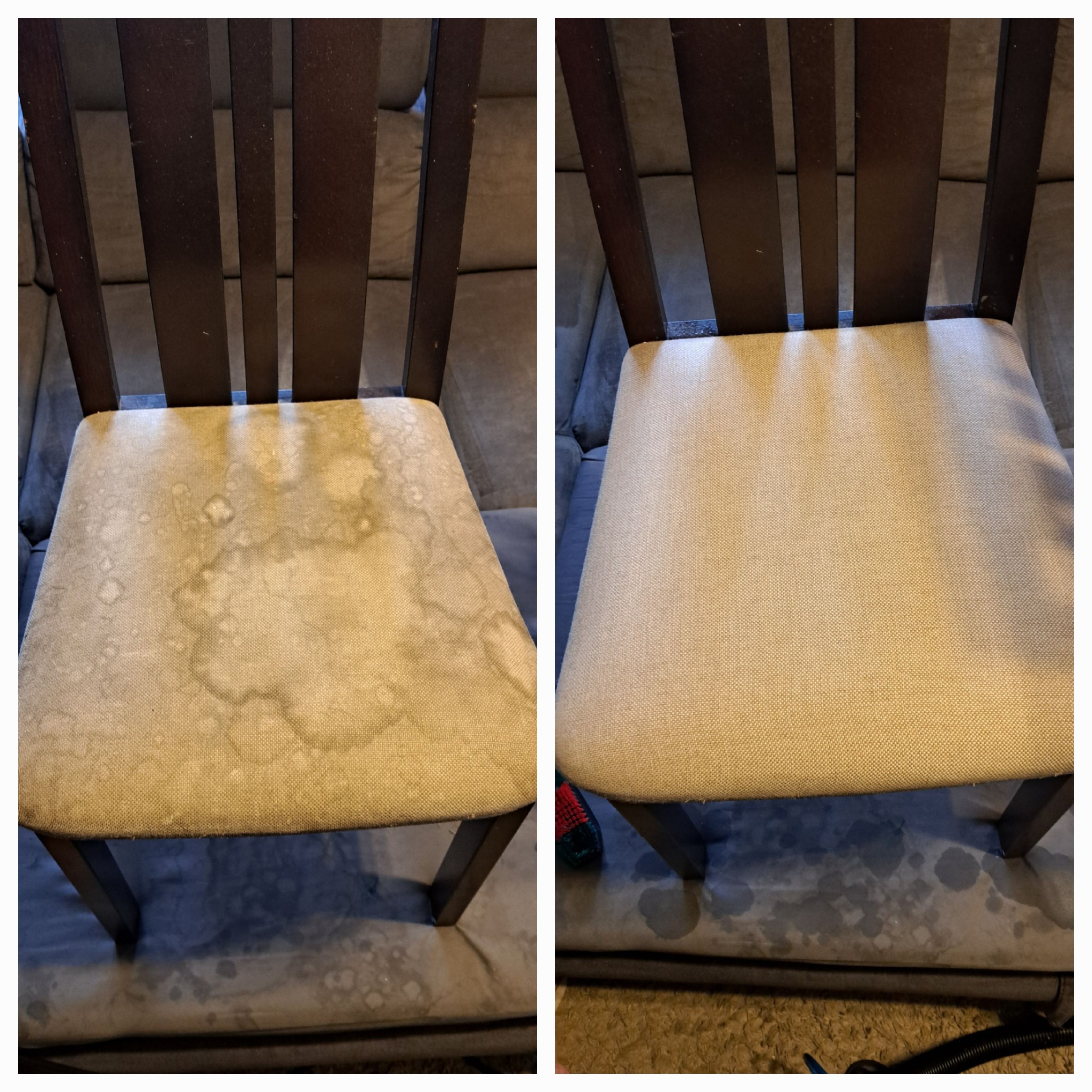 Krzesło z tapicerowanym siedziskiem: widok przed i po czyszczeniu, ukazujący usunięcie plam i zabrudzeń.