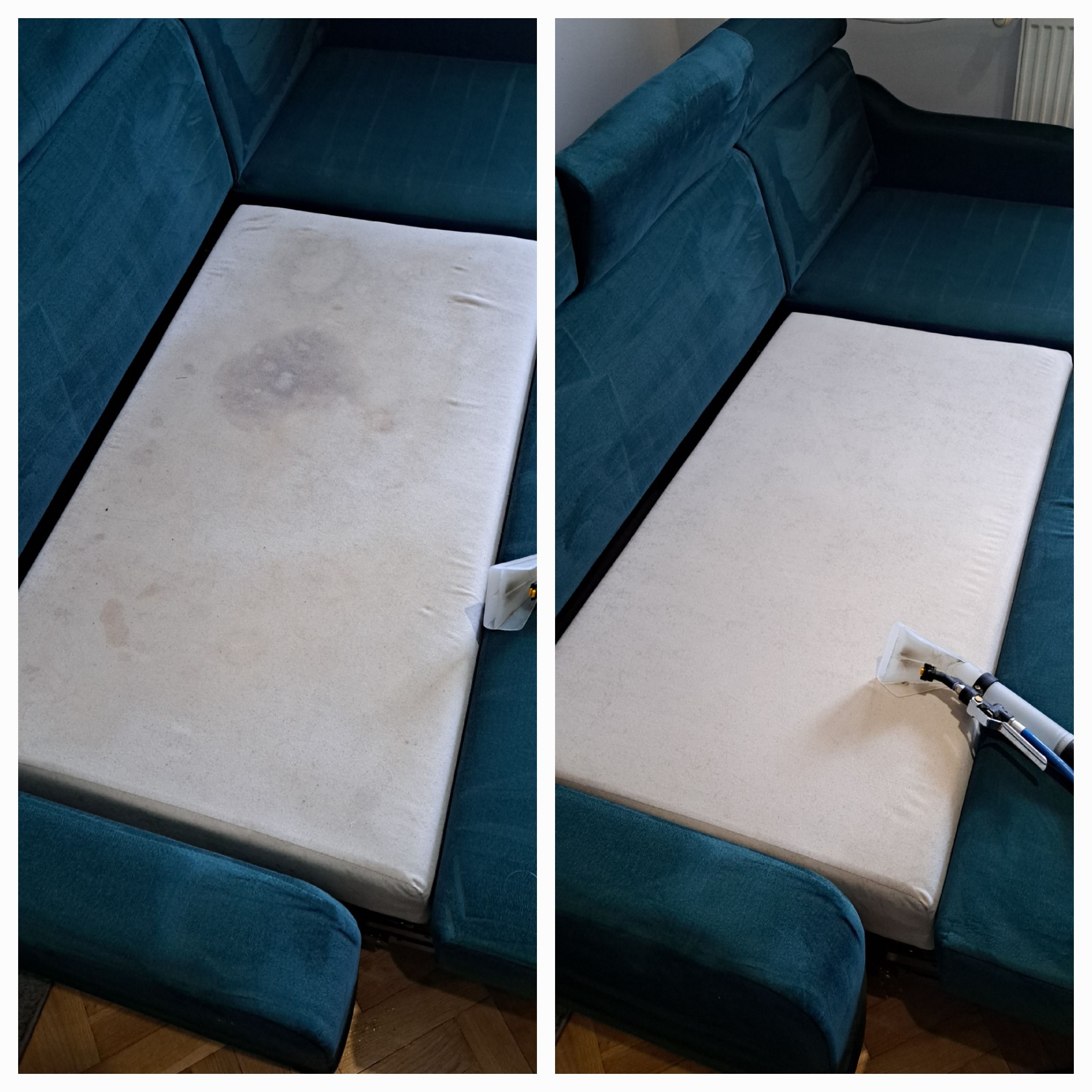 Porównanie: fragment sofy z jasną tapicerką przed i po czyszczeniu, widoczne urządzenie do ekstrakcyjnego czyszczenia.