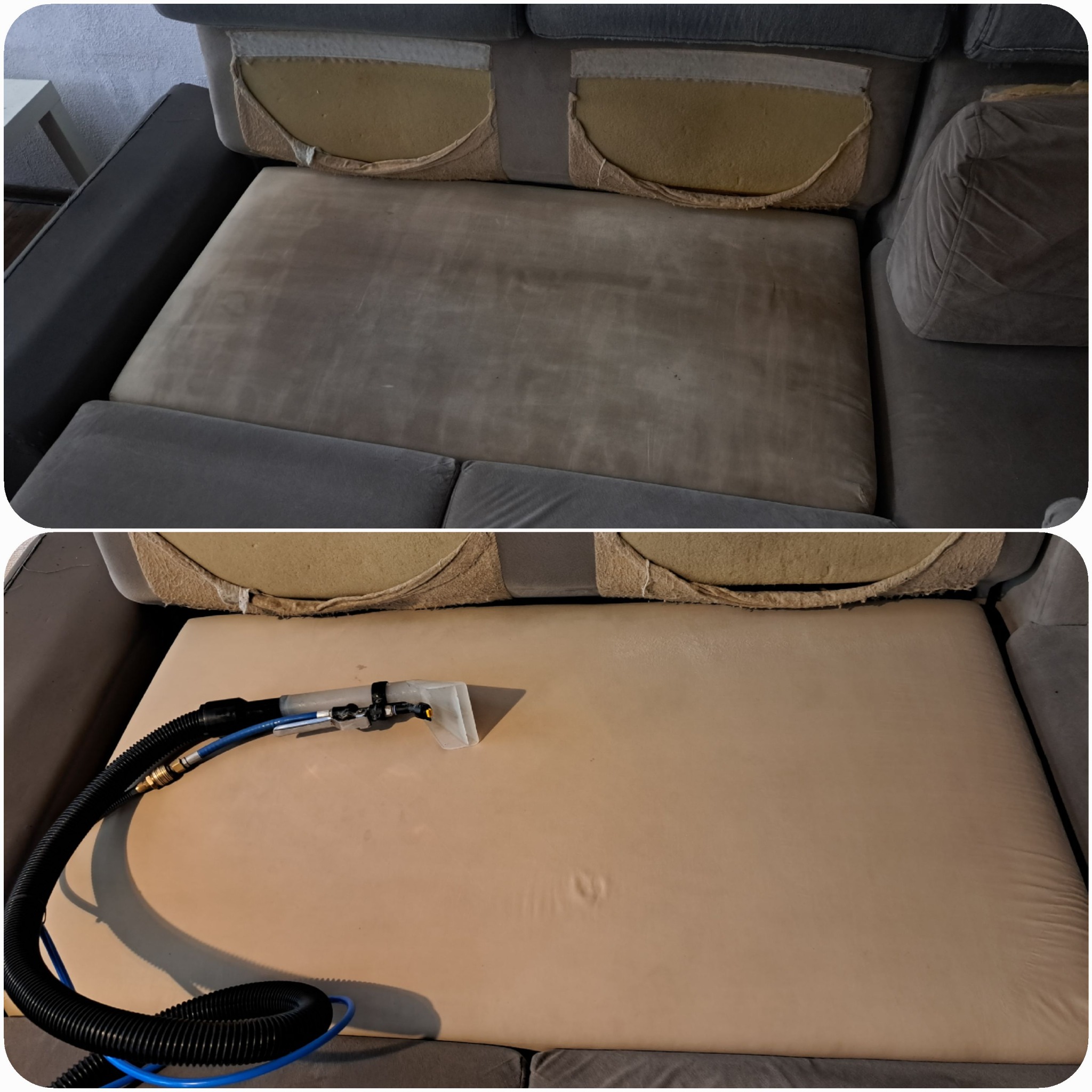 Dwuetapowe czyszczenie kanapy: widok przed z ciemnymi plamami i po z użyciem ekstraktora do tapicerki, ukazujący znaczne rozjaśnienie i usunięcie zabrudzeń.