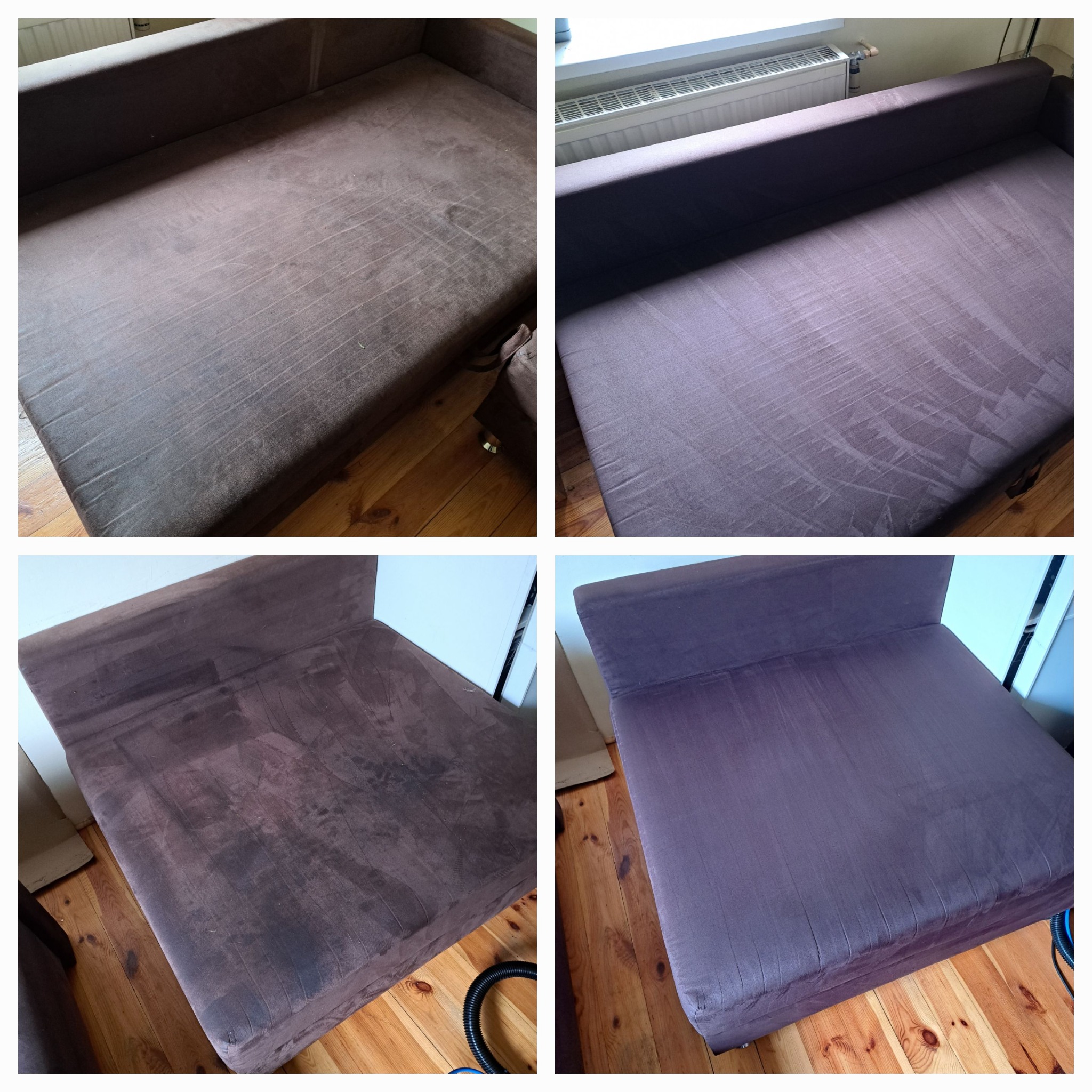 Brązowa sofa z widoczną różnicą przed i po czyszczeniu, ukazująca plamy i zabrudzenia po lewej stronie oraz odświeżoną powierzchnię po prawej stronie w dwóch ujęciach.