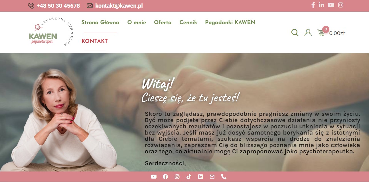 Strona internetowa psychoterapeutki Katarzyny Wenderlich z logo Kawen psychoterapia, prezentująca ofertę i kontakt. Zdjęcie portretowe właścicielki po lewej stronie.