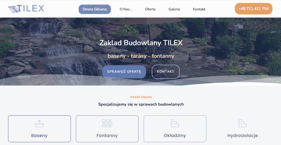 Strona internetowa firmy budowlanej Tilex z wodospadem w tle, oferującej budowę basenów, tarasów i fontann.