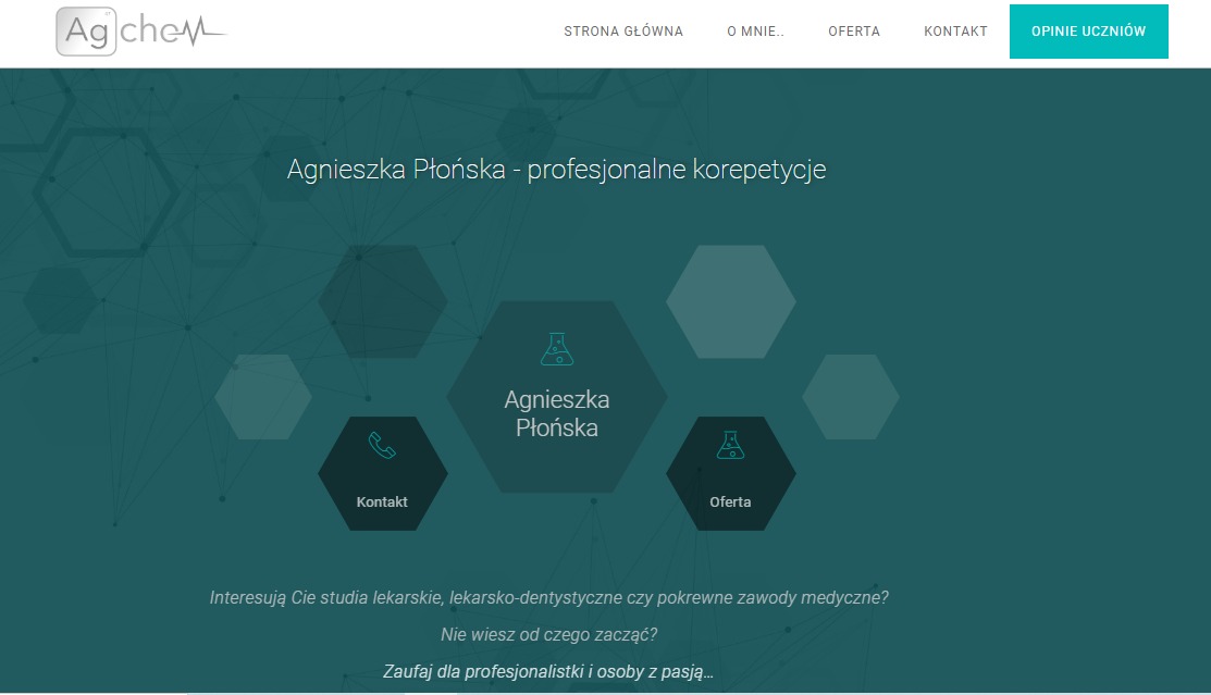 Strona internetowa z logo Agchem, prezentująca ofertę profesjonalnych korepetycji Agnieszki Płońskiej dla studentów medycyny, z minimalistycznym designem i heksagonalnymi elementami graficznymi...