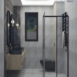 Wizualizacja nowoczesnej łazienki z dwoma czarnymi umywalkami nablatowymi, wiszącą szafką z drewnopodobnym frontem, czarną armaturą, kabiną prysznicową z czarnymi profilami i grzejnikiem...