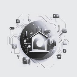 Force Design sp. z o.o. - Stylizowana grafika przedstawiająca dom otoczony elementami elektronicznymi i symbolami, sugerująca połączenie technologii i przestrzeni mieszkalnej, w monochromatycznej kolorystyce.