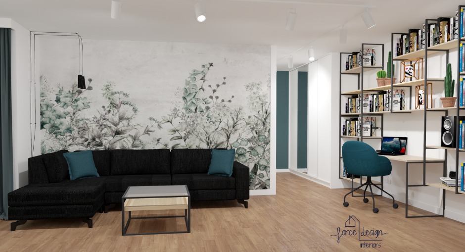 Wizualizacja salonu z czarną sofą narożną, stolikiem kawowym z metalową ramą i drewnianym blatem, ścianą z motywem kwiatowym, regałem z książkami i biurkiem z krzesłem w kolorze morskim.
