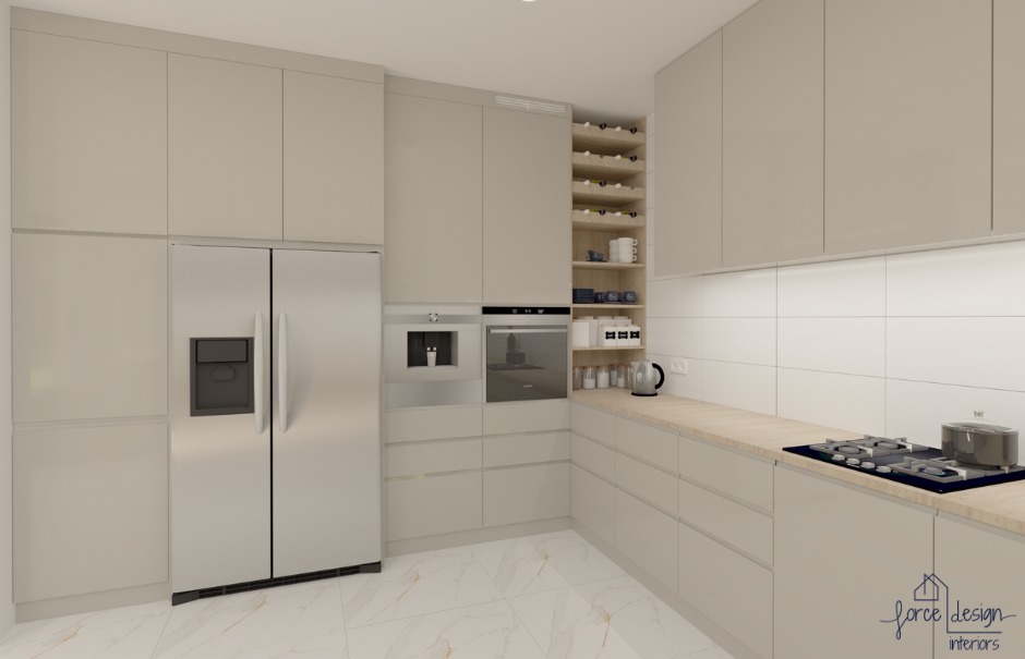 Wizualizacja nowoczesnej kuchni w odcieniach beżu z marmurową podłogą, zabudową kuchenną z wysoką lodówką side-by-side, wbudowanym ekspresem do kawy i piekarnikiem, regałem na wino oraz płytą...