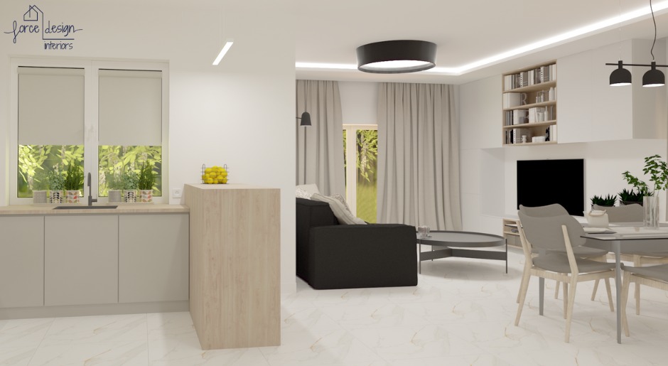 Wnętrze przestronnego, nowoczesnego mieszkania w Warszawie, z otwartą kuchnią, salonem i jadalnią, utrzymane w jasnej kolorystyce z akcentami czerni, widoczne rośliny doniczkowe i minimalistyczne...