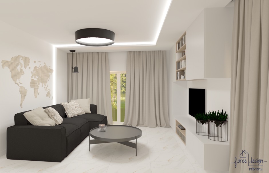 Wizualizacja salonu z czarną sofą modułową, okrągłym stolikiem kawowym, mapą świata na ścianie, zabudową TV z półkami na książki i ukrytym oświetleniem LED.