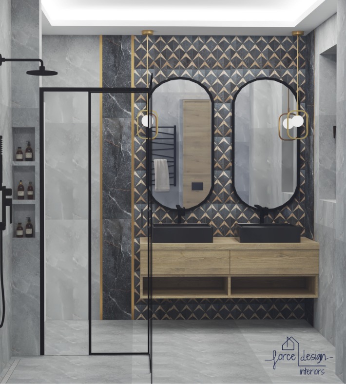Wizualizacja nowoczesnej łazienki z dwoma owalnymi lustrami, czarnymi umywalkami nablatowymi, drewnianą szafką pod umywalkami, kabiną prysznicową walk-in z czarnymi profilami i geometryczną mozaiką...