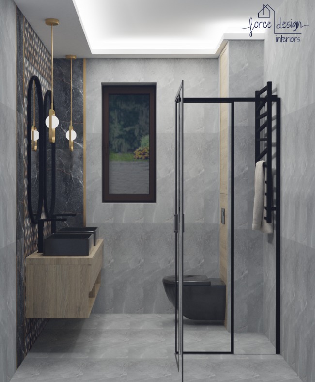 Wizualizacja nowoczesnej łazienki z dwoma czarnymi umywalkami nablatowymi, wiszącą szafką z drewnopodobnym frontem, czarną armaturą, kabiną prysznicową z czarnymi profilami i grzejnikiem...