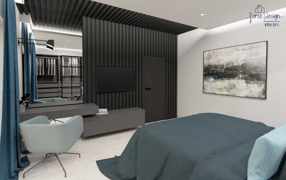 Wizualizacja sypialni z łóżkiem w kolorze petrol, szarą ścianą z pionowych paneli, telewizorem, i abstrakcyjnym obrazem na ścianie. W tle widoczna garderoba z lustrem.