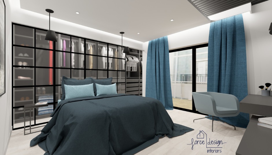 Wizualizacja sypialni z łóżkiem w odcieniach granatu i błękitu, przeszkloną garderobą z czarnymi ramami i turkusowymi zasłonami przy oknie balkonowym.