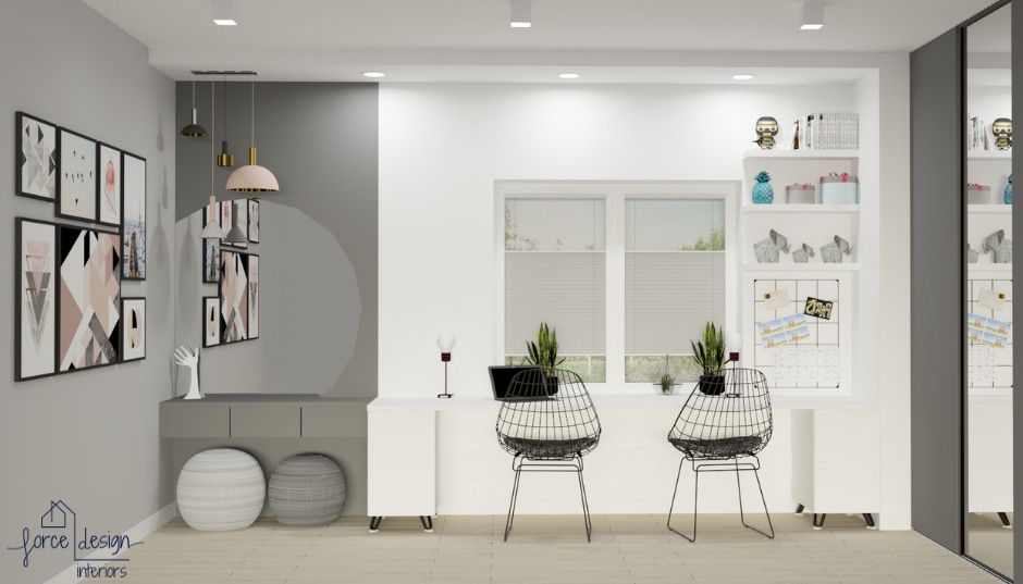 Wizualizacja biura domowego z szarą ścianą, galerią obrazów w geometryczne wzory, nowoczesnym oświetleniem, białym biurkiem z dwoma krzesłami z czarnej siatki i regałem z dekoracjami.