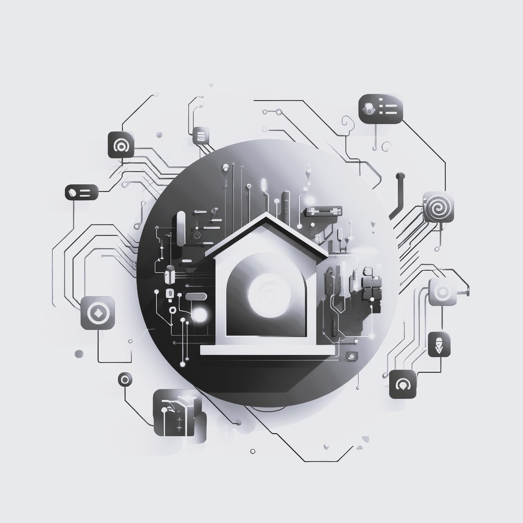 Stylizowana grafika przedstawiająca dom otoczony elementami elektronicznymi i symbolami, sugerująca połączenie technologii i przestrzeni mieszkalnej, w monochromatycznej kolorystyce.