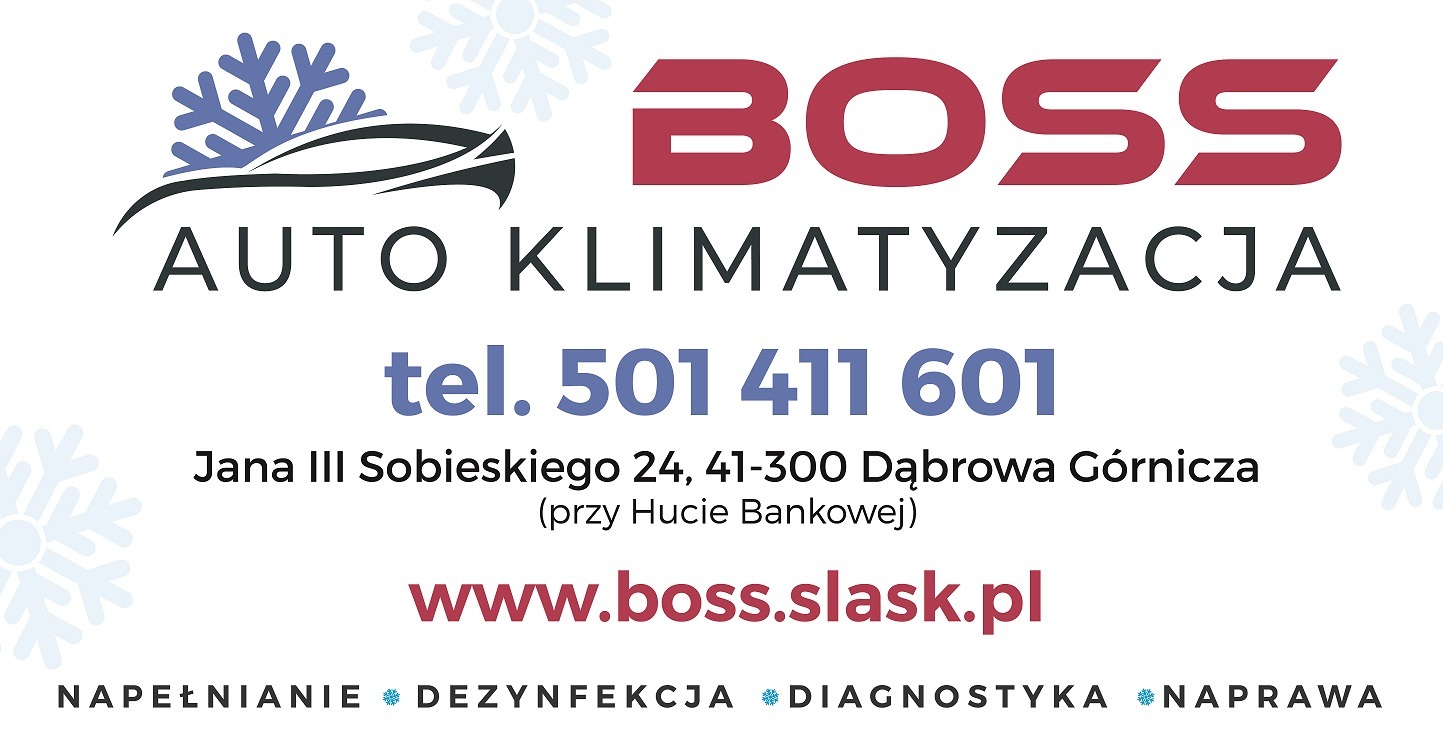 Logo firmy Boss Auto Klimatyzacja z Dąbrowy Górniczej: stylizowany samochód z płatkiem śniegu, adres Jana III Sobieskiego 24, numer telefonu 501 411 601 i adres strony www.boss.slask.pl.