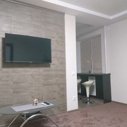 A Line interiors - Telewizor zawieszony na ścianie z płytek imitujących drewno w salonie z aneksem kuchennym.