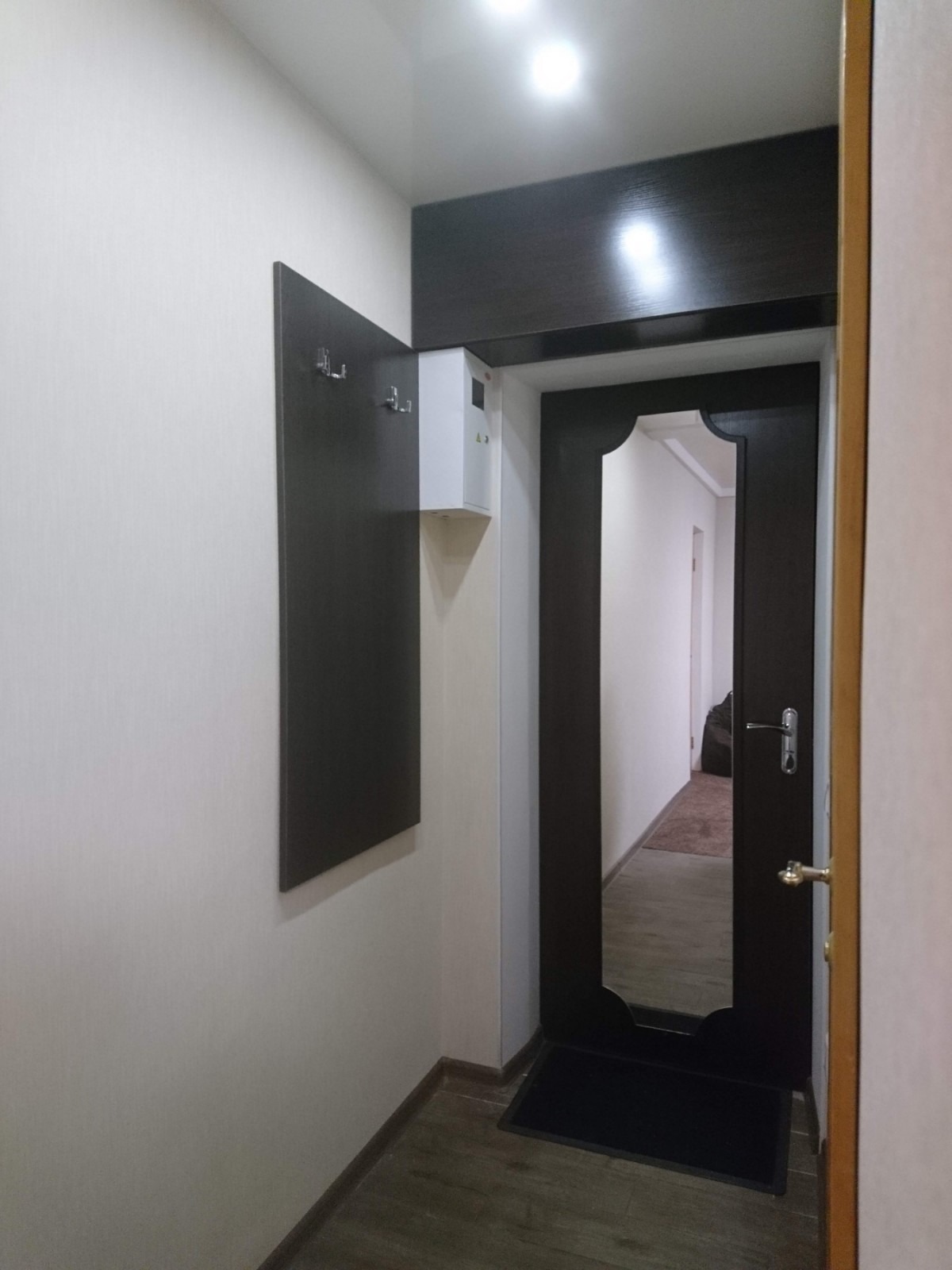 Wnętrze przedpokoju z ciemną zabudową nad drzwiami, panelem ściennym z wieszakami i szafką elektryczną, widok na korytarz z dywanem w tle.