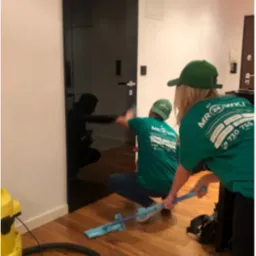 Dwie osoby w zielonych koszulkach firmowych czyszczą czarną, szklaną taflę drzwiową w pomieszczeniu z drewnianą podłogą, używając niebieskiego mopa do podł&oacute;g i odkurzacza.