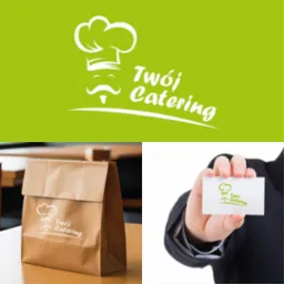 Kompozycja graficzna prezentująca identyfikację wizualną firmy cateringowej: logo na zielonym tle, torba z nadrukiem logo i wizytówka trzymana w dłoni.