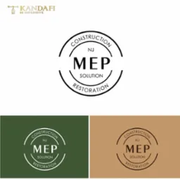 Wizualizacja logo firmy MEP Solution Construction Restoration w trzech wariantach kolorystycznych: białe na białym tle, białe na zielonym tle i brązowe na beżowym tle. Okrągły znak z napisem...