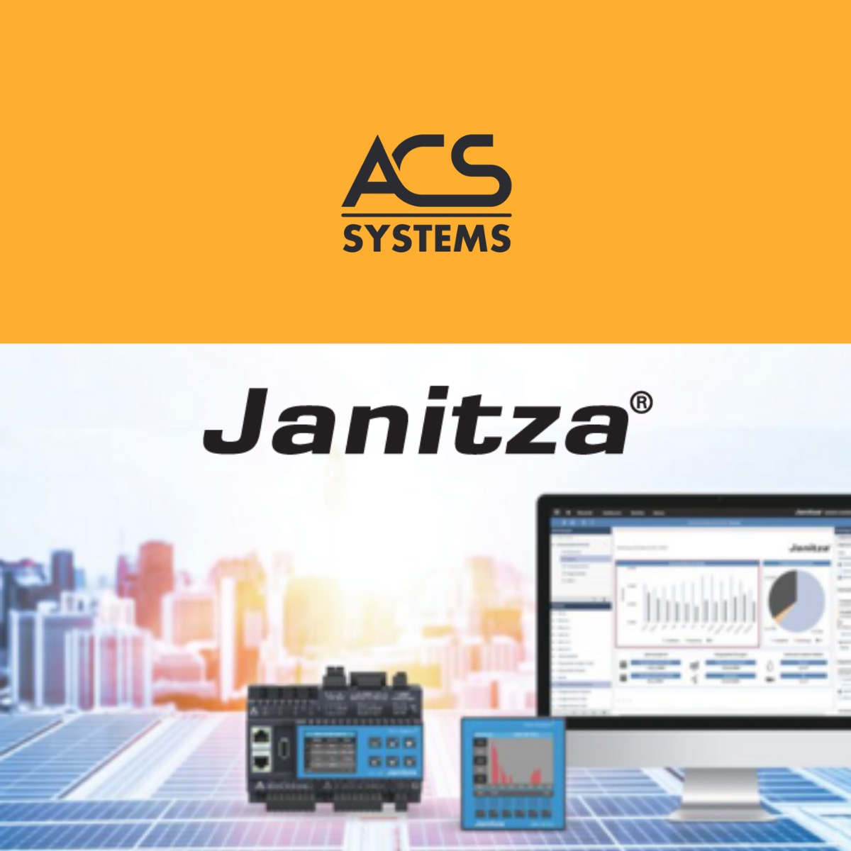 Prezentacja systemu monitoringu energii Janitza na tle paneli słonecznych i panoramy miasta, z widocznymi urządzeniami pomiarowymi i oprogramowaniem na monitorze.