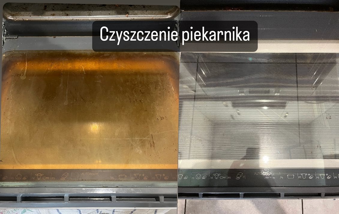 Piekarnik przed i po czyszczeniu, widoczna duża różnica w stopniu zabrudzenia szyby i wnętrza.
