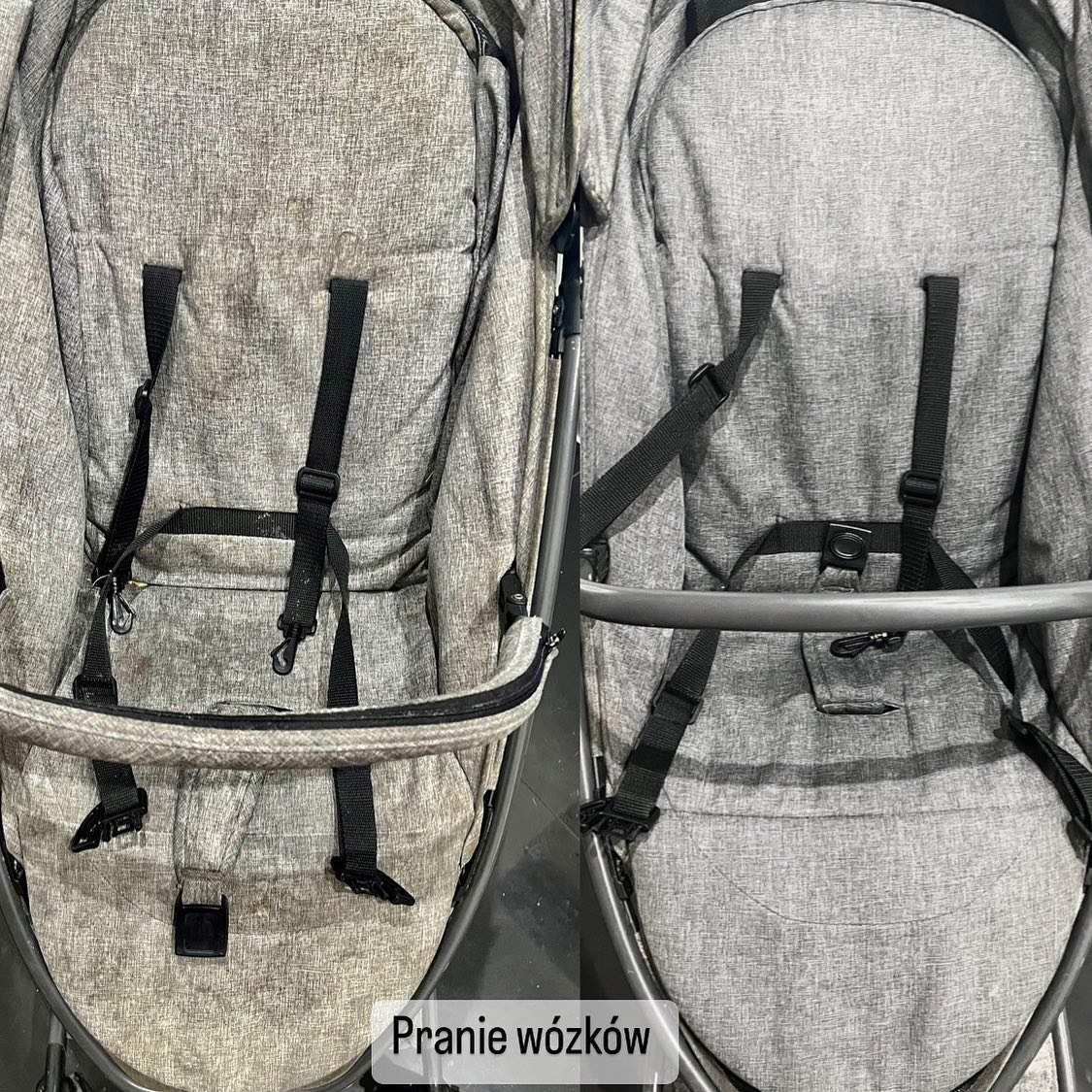 Porównanie siedziska wózka dziecięcego przed i po czyszczeniu, widoczne różnice w odcieniach szarości i usunięcie zabrudzeń na tkaninie.