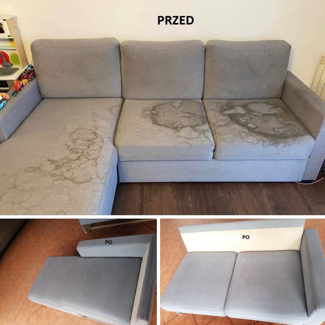 Szara kanapa narożna z widocznymi plamami przed czyszczeniem (górny kadr) i po czyszczeniu (dolne kadry), ukazująca efekt usługi.