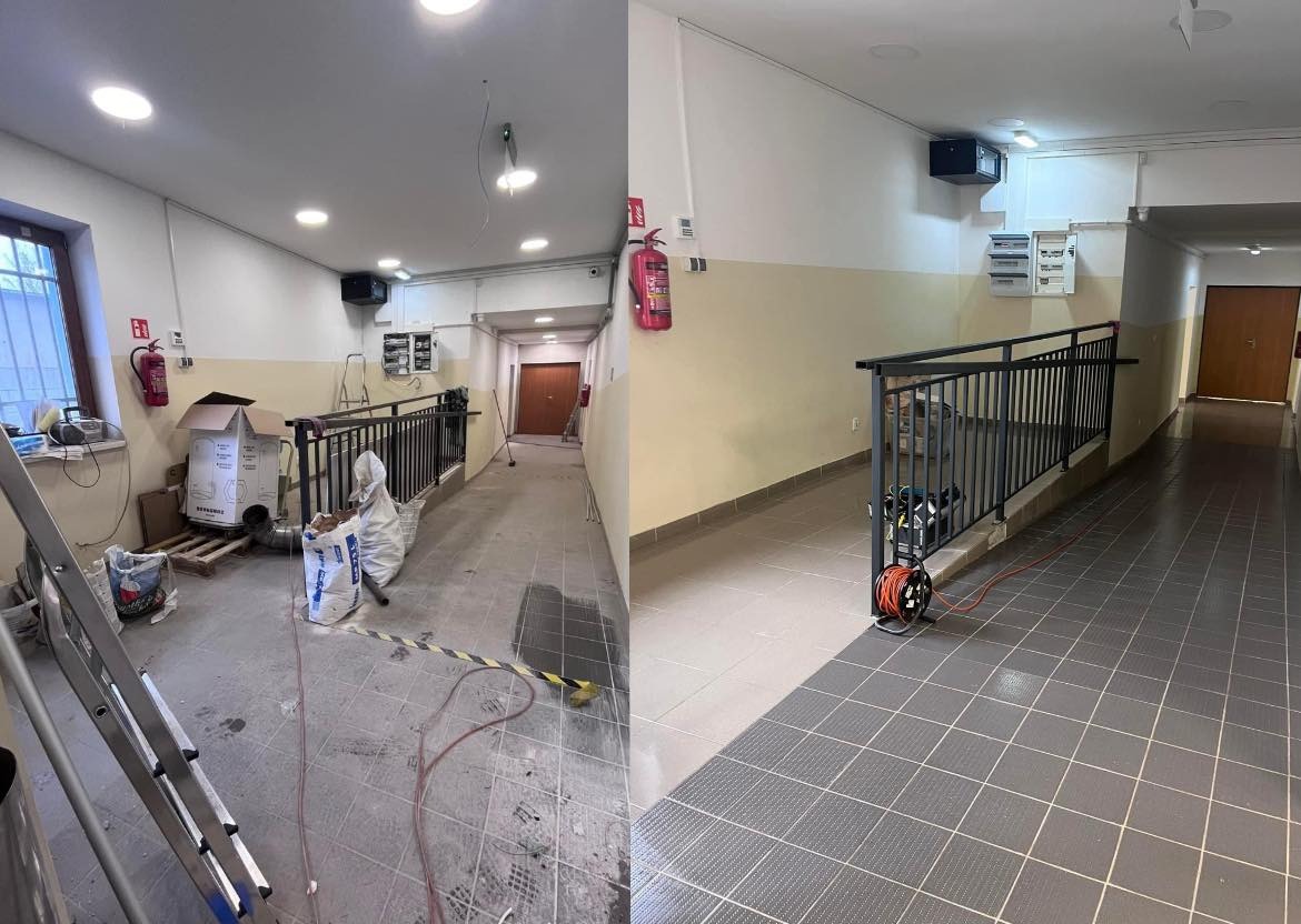 Korytarz w budynku wielorodzinnym przed i po remoncie: po lewej stronie widoczne worki z materiałami budowlanymi, drabina i zabrudzenia, po prawej czysta posadzka z płytek, zwinięty kabel i świeżo...