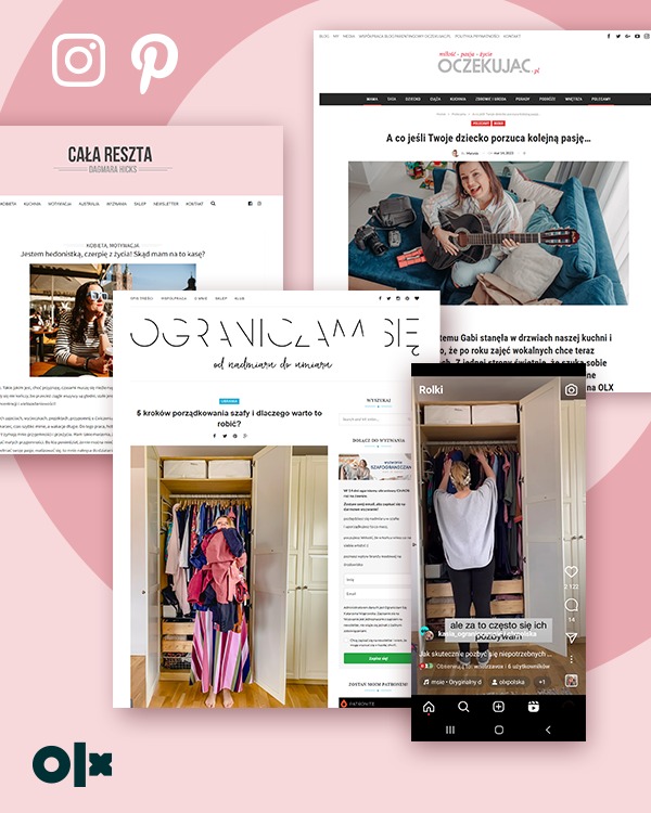Kompozycja zrzutów ekranu różnych stron internetowych i aplikacji mobilnych, prezentujących blogi, artykuły i filmiki o tematyce lifestyle, porządkowania szafy i rodzicielstwa, z logo OLX w lewym...