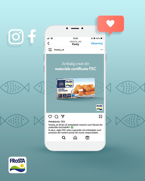 Post na Instagramie marki Frosta prezentujący Golden Fish Fingers z certyfikatem FSC, z komentarzem w języku rumuńskim o recyklingu opakowań, na tle wzoru z rybami.