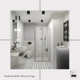 Karolina Rzeczkowska - Nowoczesna łazienka w odcieniach szarości i bieli z wzorzystą podłogą, kabiną prysznicową ze szkła, wiszącą umywalką i czarnymi akcentami.