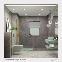 Karolina Rzeczkowska - Wizualizacja łazienki z szarymi marmurowymi płytkami i turkusowymi akcentami, w tym okrągły dywanik pod prysznicem, turkusowa umywalka na blacie oraz złota armatura.