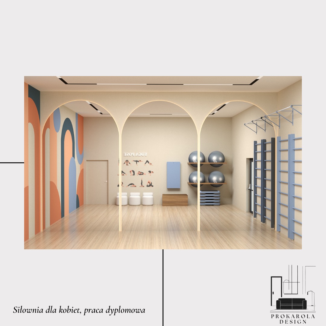 Wizualizacja wnętrza siłowni dla kobiet z pastelową ścianą, drabinkami gimnastycznymi, piłkami do ćwiczeń i plakatami z pozycjami jogi.
