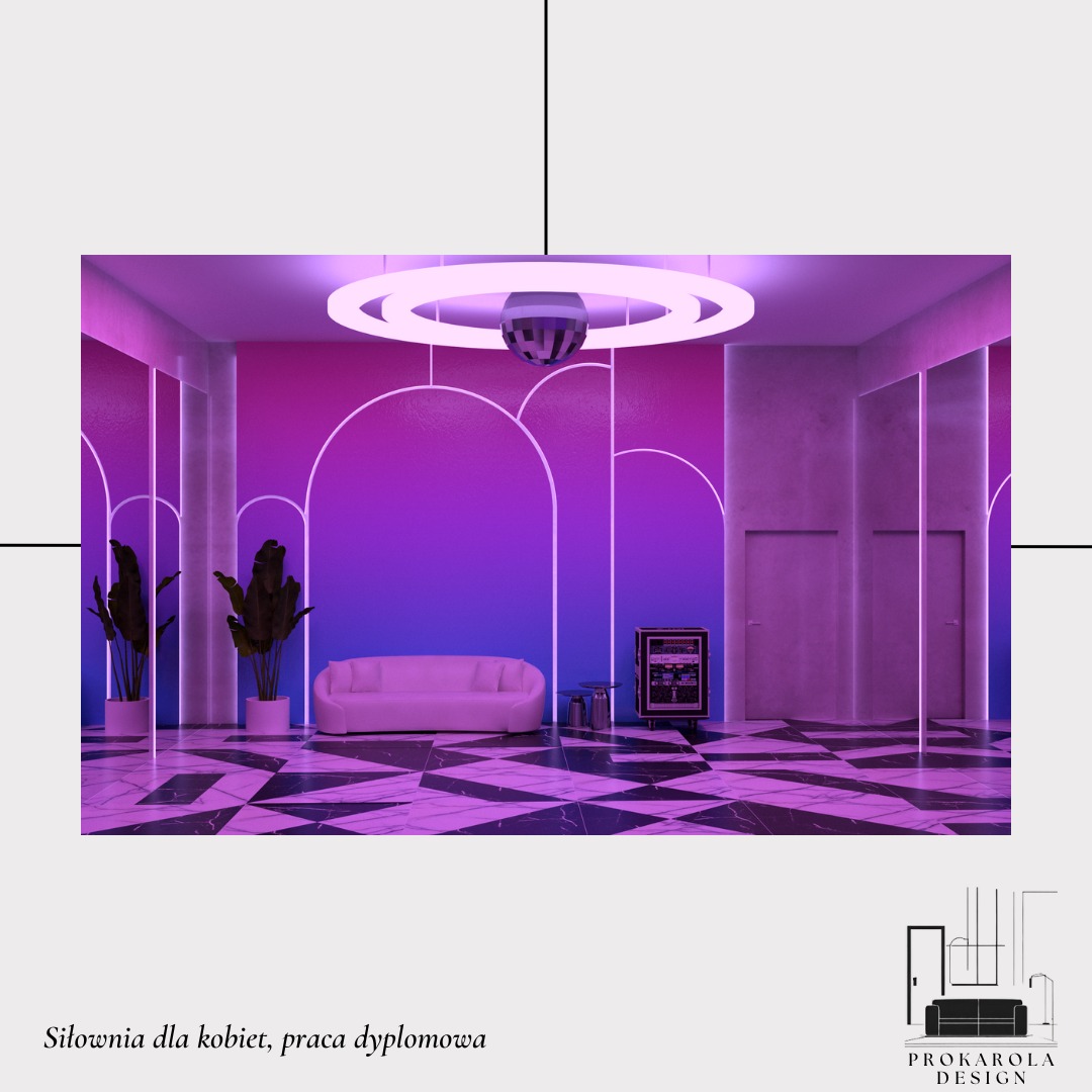 Wizualizacja wnętrza siłowni dla kobiet z gradientowym tłem w odcieniach fioletu i różu, białą sofą, marmurową posadzką w czarno-białą szachownicę, neonowym oświetleniem i roślinami w donicach.