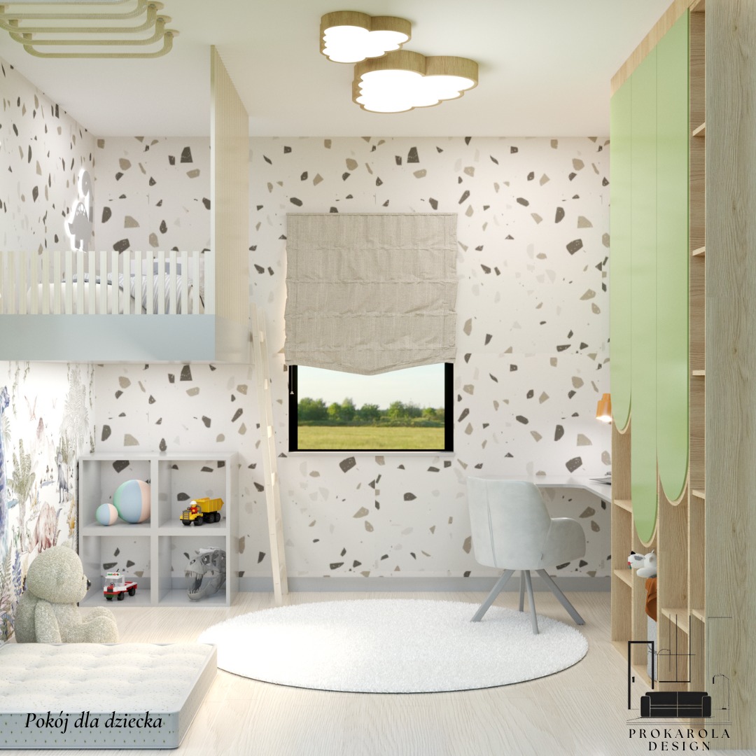 Pokój dziecięcy z łóżkiem na antresoli, drabinką, biurkiem i szafą z zielonymi akcentami, na ścianie tapeta w nieregularne wzory, okrągły dywan na podłodze.