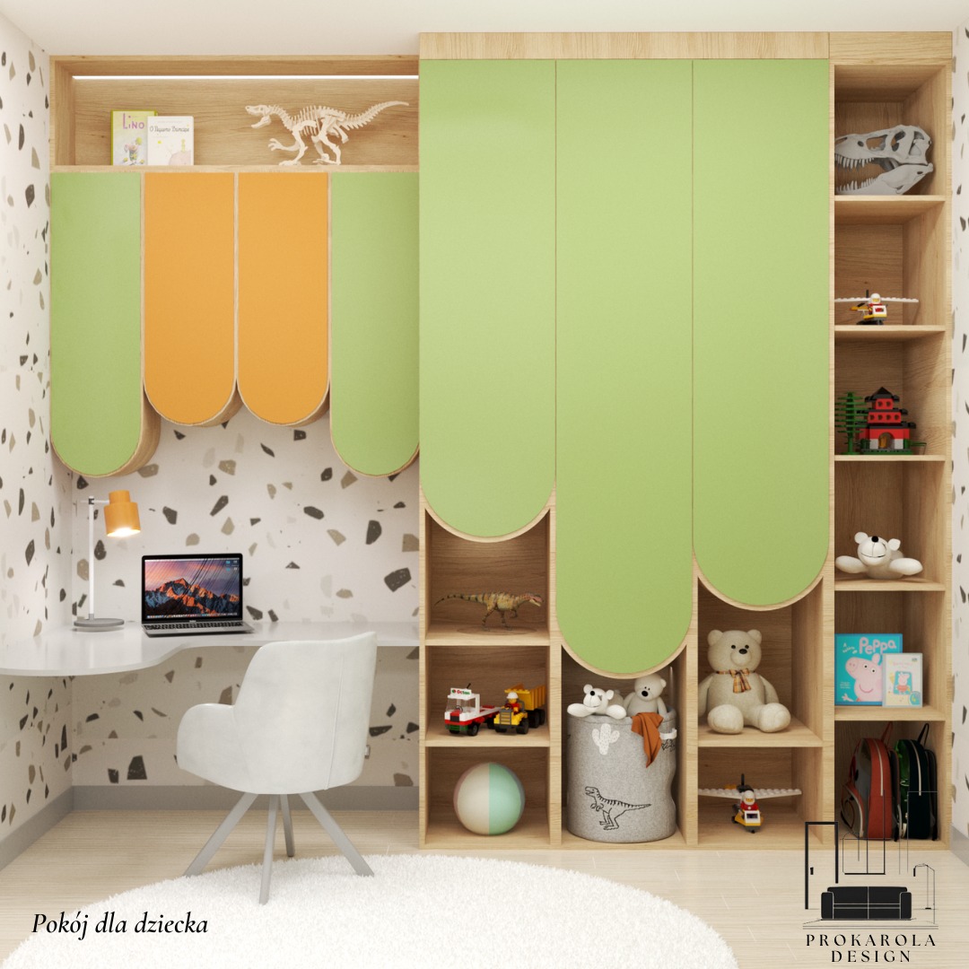 Pokój dziecięcy z biurkiem, krzesłem i regałem na zabawki w kolorach zieleni i pomarańczy, z elementami dinozaurów jako motywem przewodnim.