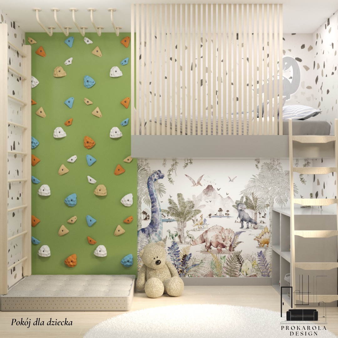 Pokój dziecięcy z łóżkiem na antresoli, ścianką wspinaczkową i tapetą z motywem dinozaurów, oświetlony naturalnym światłem.