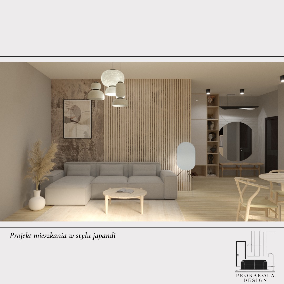 Wizualizacja wnętrza mieszkania w stylu japandi: szara sofa modułowa, okrągły stolik kawowy z drewna, ściana z drewnianych listew, dekoracje z suszonych traw w wazonie, wiszące lampy kuliste...