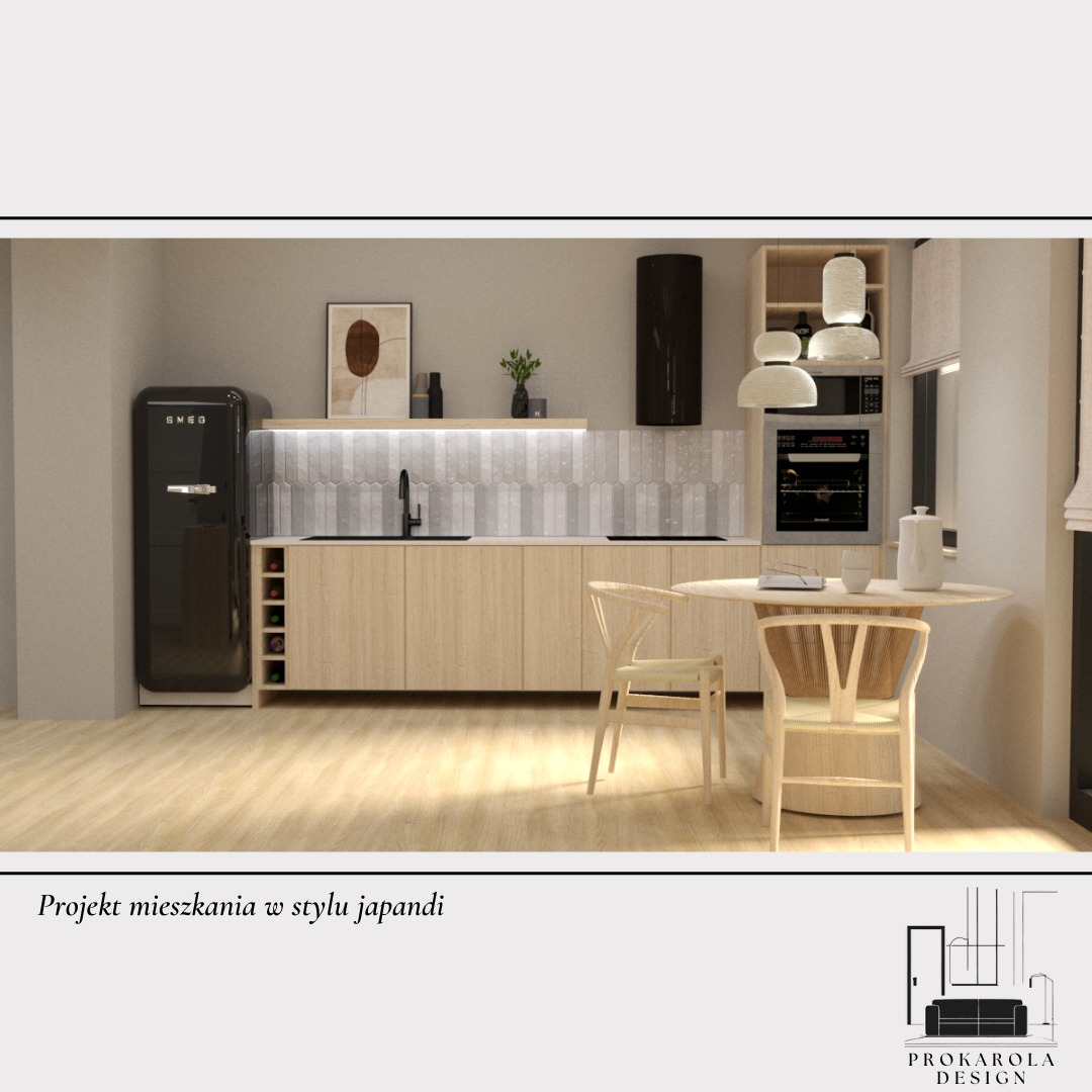 Wizualizacja jasnej kuchni w stylu japońskim z drewnianymi meblami, czarnym sprzętem AGD marki SMEG, okrągłym stołem z krzesłami o plecionych oparciach i podświetlanym blatem.