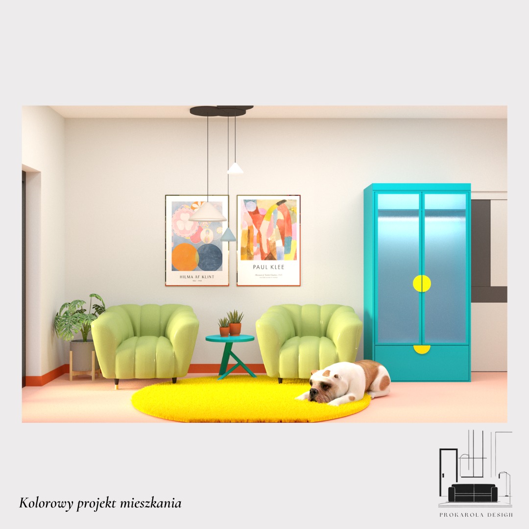 Wizualizacja wnętrza mieszkania z turkusową szafą, dwoma zielonymi fotelami, okrągłym żółtym dywanem i psem rasy buldog angielski leżącym na dywanie. Na ścianie wiszą dwa obrazy: Hilma af Klint...